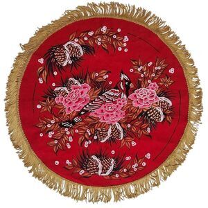 Vintage 22 Inch Table Doily Accent Red Velvet Like Cardinal Winter Gold Fringe